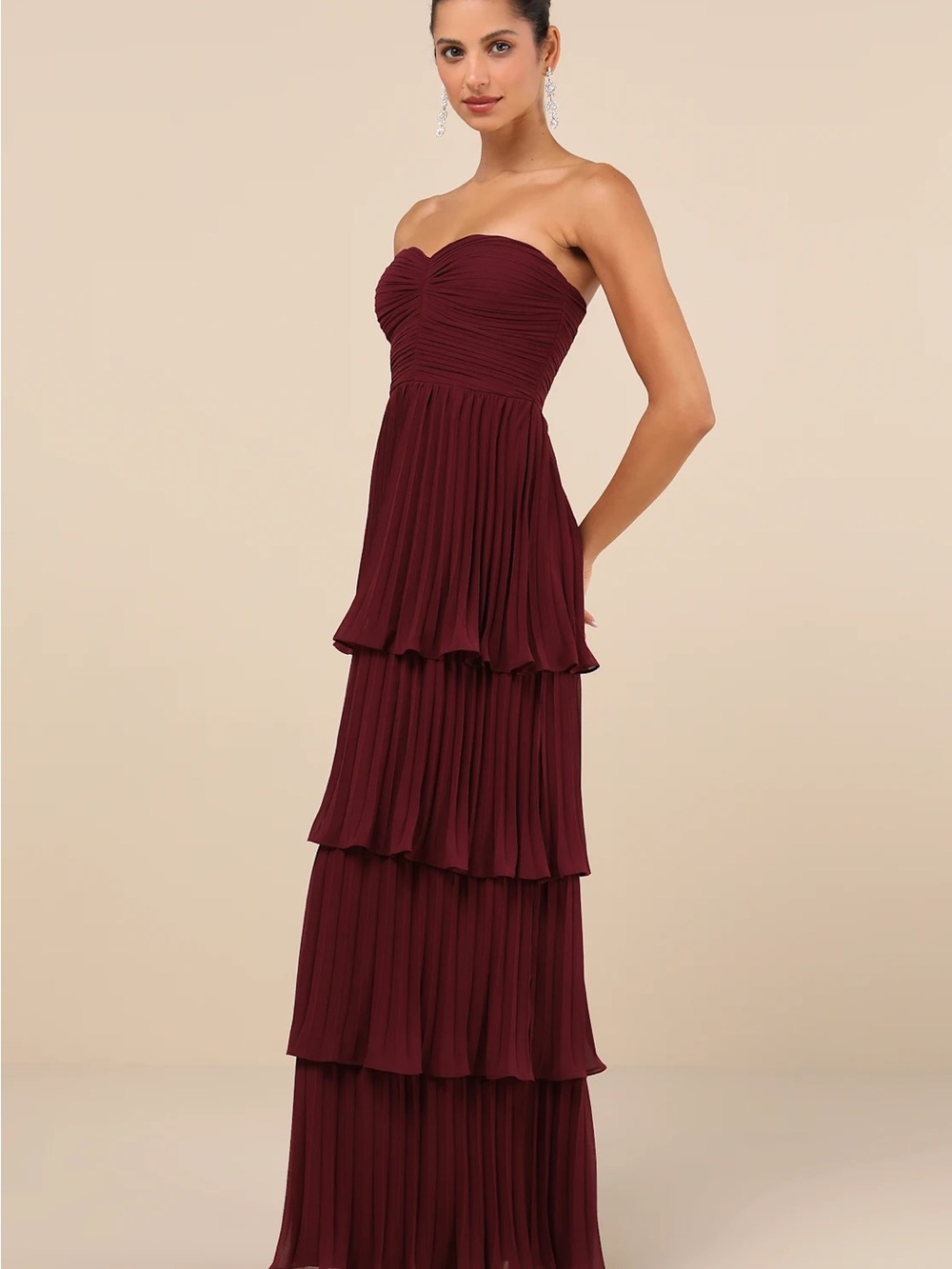 Lulu's Strapless Tiered Pleated Maxi Dress in Wine